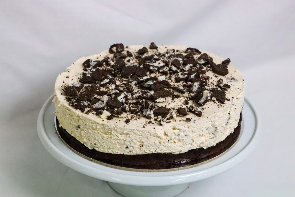 Fresh Chilled Cheesecake mixed with crushed oreos topped with oreo crumb