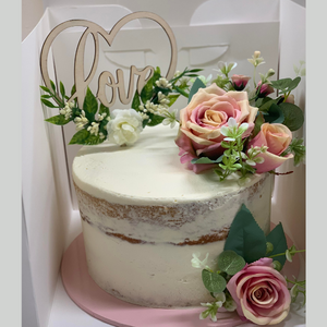 Naked Wedding Mudcake with love topper and roses