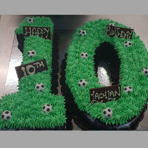 soccer inspired number cake with green grass icing and soccer balls