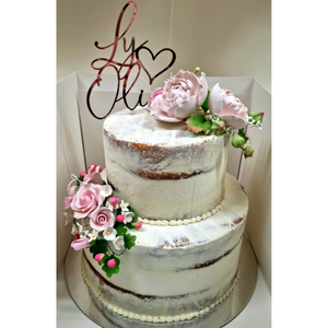 2 tier double stacked wedding cake naked with sugar flowers