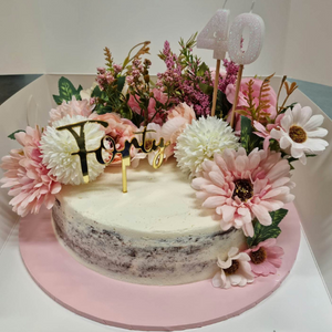 naked 40th cake with florals
