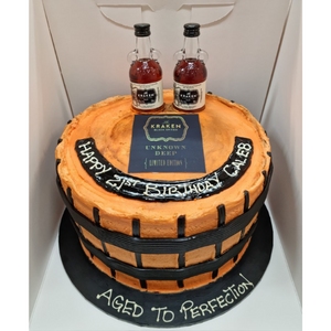 barrel birthday cake with alcohol