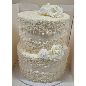 wedding cake 2 tier stacked with white pearls and roses