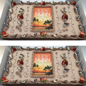 Judy Nunn book launch slab cake with strawberries and chocolates