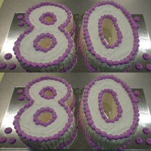 80th birthday cake piped in white and purple